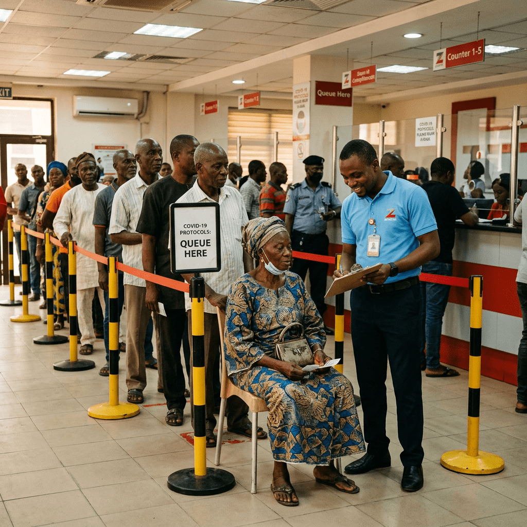 People lined up indoors following COVID-19 queue protocols with a staff member assisting a seated elderly woman
